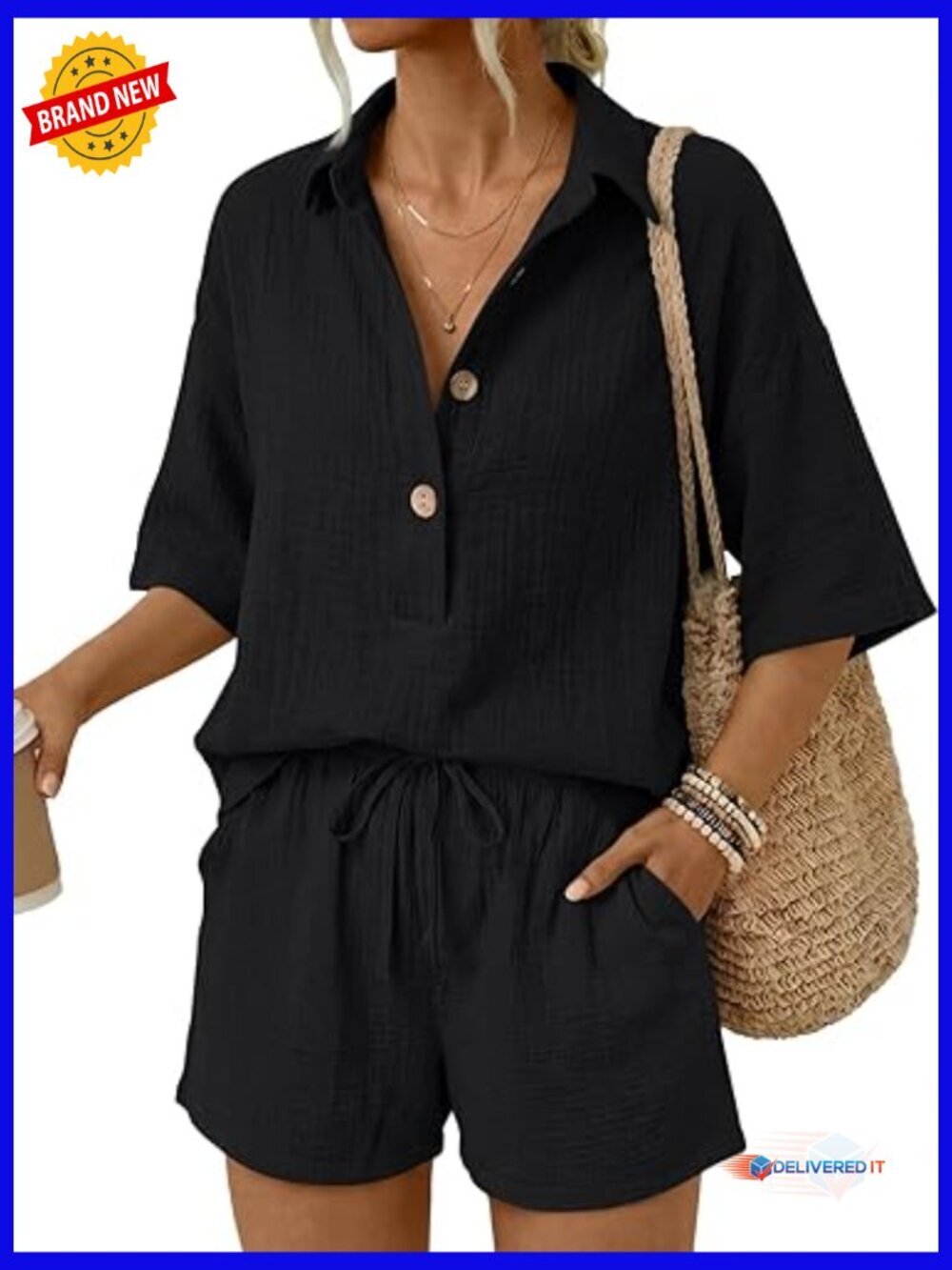 Women 2 Piece Linen Short Set V Neck Oversized Summer Vacation Outfit